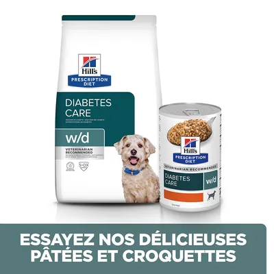 Hill’s Prescription Diet Diabetes Care w/d, paquet de croquettes et boîte de pâtée pour chien. Texte visible : Essayez nos délicieuses pâtées et croquettes.