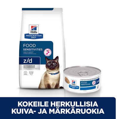 Hill's Prescription Diet Food Sensitivities z/d -kuivaruoka ja märkäruoka kissalle. Teksti: Kokeile herkullisia kuiva- ja märkäruokia.