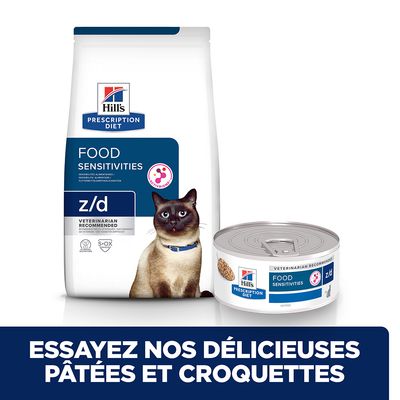 Hill's Prescription Diet Food Sensitivities z/d pour chats, croquettes et pâtée visibles, texte : Essayez nos délicieuses pâtées et croquettes. VETERINARIAN RECOMMENDED.
