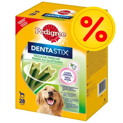 Boîte Pedigree Dentastix Fresh au Quotidien, 28 sticks pour chiens de plus de 25 kg, triple action, offre spéciale indiquée par un symbole %. Texte en allemand et français visible. Boîte Pedigree Dentastix Fresh au Quotidien, 28 sticks pour chiens de plus de 25 kg, triple action, offre spéciale indiquée par un symbole %. Texte en allemand et français visible.