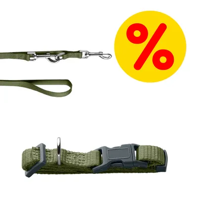 Guinzaglio e collare verdi in tessuto con fibbia in plastica e anello metallico, simbolo percentuale rosso su sfondo giallo che indica offerta o sconto visibile.