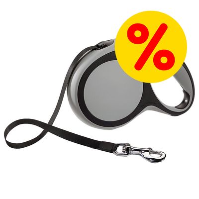 Guinzaglio avvolgibile nero e grigio con moschettone in metallo, simbolo percentuale rosso su sfondo giallo che indica offerta o sconto visibile sull'immagine.