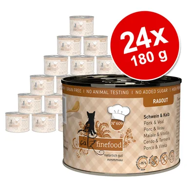 Catz Finefood Ragout Nr. 609, Schwein & Kalb, 24x 180g, ohne Getreide, ohne Zuckerzusatz, keine Tierversuche, hoher Fleischanteil, natürlich gut.
