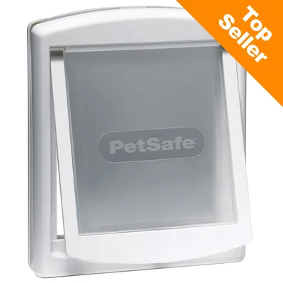 Dvierka pre domáce zvieratá s nápisom PetSafe, biely plast. Oranžový roh s textom Top Seller v angličtine.