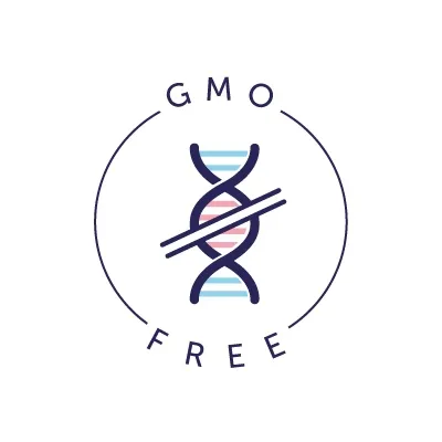 Texto en inglés: GMO FREE, junto a un icono de ADN tachado. Indica ausencia de organismos modificados genéticamente.