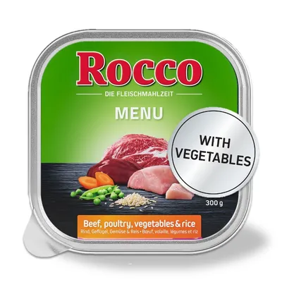 Rocco Menü, Die Fleischmahlzeit. Mit Gemüse. Rind, Geflügel, Gemüse & Reis. 300g.
