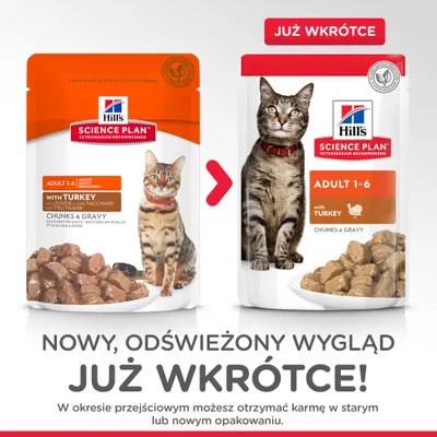 Hill's Science Plan Adult 1–6 with Turkey Chunks & Gravy – zmiana opakowania, stara i nowa wersja. Już wkrótce nowe opakowanie, możliwa wysyłka w obu wariantach.