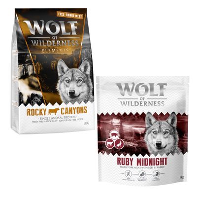 Wolf of Wilderness kutyatáp csomagok: Blue, Sunny, Wild, Green Fields. 100% grain-free recipe. Próbálja ki! felirat narancssárga körben.