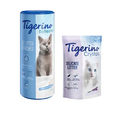 Tigerino Crystals alom + Tigerino Refresher - szagtalanító macskaalomhoz - Lavender (5 l) + Gyapjúvirág illatú Refresher (700 g)