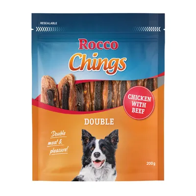 Rocco Chings Double, chicken with beef, 200g. Packaging shows a dog and meat strips. Text: 'Double meat & pleasure!'.