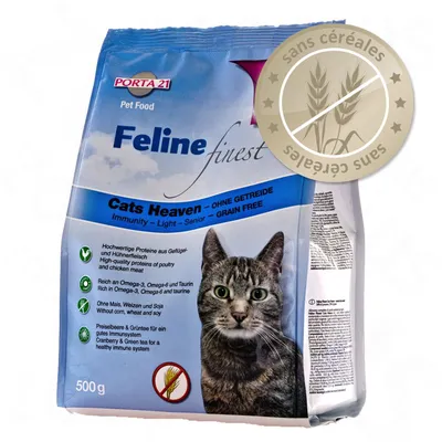 Porta 21 Feline Finest Cats Heaven, croquettes pour chat, 500 g, sans céréales, riche en protéines de volaille, oméga-3 et oméga-6, avec canneberge et thé vert. Badge « sans céréales ».