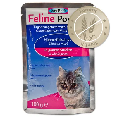 WetPack Feline Poultry, Ergänzungsfuttermittel, Hühnerfleisch pur in ganzen Stücken, 100 g. Kornfrit badge synligt på pakken.
