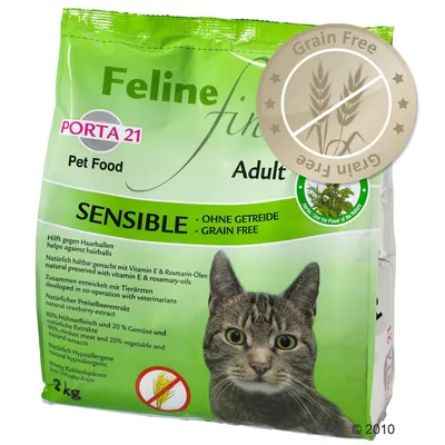Feline Finest Adult Porta 21 SENSIBLE, comida para gatos, sin cereales (Grain Free), 2 kg. Texto visible en inglés y alemán sobre ingredientes y beneficios.