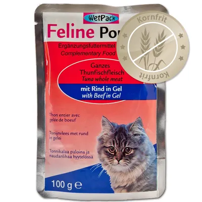WetPack Feline Portion, Ergänzungsfuttermittel, Ganzes Thunfischfleisch mit Rind in Gel, Kornfrit, 100 g. Billede af kat på emballagen.