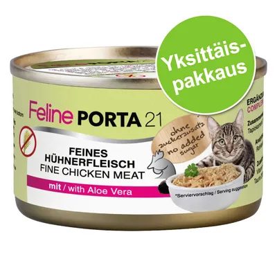 Feline Porta 21 Feines Hühnerfleisch Fine Chicken Meat, mit Aloe Vera, ilman lisättyä sokeria. Yksittäispakkaus. Kuvassa kissanruokapurkki ja kulhossa ruokaa, vieressä kissa.