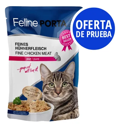 Feline Porta 21 Feines Hühnerfleisch Fine Chicken Meat pur. Best Seller. Oferta de prueba. Sin azúcares añadidos. Imagen de un gato y comida húmeda en bol.