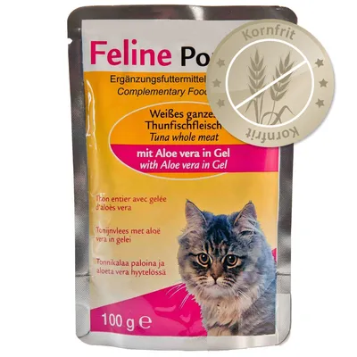 Feline Porta kattefoder, 100 g. Weißes ganzes Thunfischfleisch mit Aloe vera in Gel. Kornfrit badge synligt på pakken.