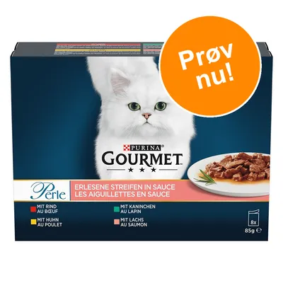 PURINA GOURMET Perle kattemad, 8 x 85 g. Smagsvarianter: med oksekød, kylling, kanin og laks. Tekst: Prøv nu! Erlesene Streifen in Sauce. Billede af hvid kat og mad på tallerken.