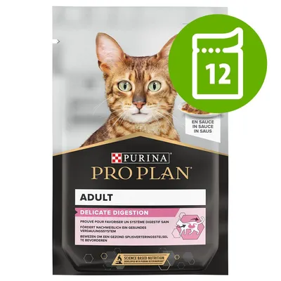 Purina Pro Plan Adult Delicate Digestion, bustina per gatto, in salsa. Confezione da 12. Testo visibile: en sauce, in sauce, in saus.