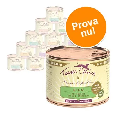 Terra Canis burk med texten 'Rind mit Karotte Apfel & Naturreis', märkning 'glutenfrei getreidearm'. Orange cirkel med texten 'Prova nu!'. Flera burkar i bakgrunden.