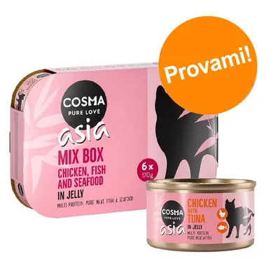 Cosma Pure Love Asia Mix Box 6x170g, Chicken, Fish and Seafood in Jelly. Lattina: Chicken with Tuna in Jelly. Etichetta arancione con testo 'Provami!'.