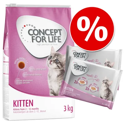 Balení Concept for Life Kitten 3 kg a 4×85 g kapsiček, viditelný text: KITTEN, pro koťata 2–12 měsíců, zvýrazněná sleva symbolem %.