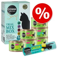 Cosma Pure Love Soup Trial Mix Box, konzervy Kitten Salmon in Jelly, Kitten Skipjack Tuna in Jelly, Kitten Chicken Breast in Jelly a Cosma Snackies Minis Chicken. Červený symbol procenta.