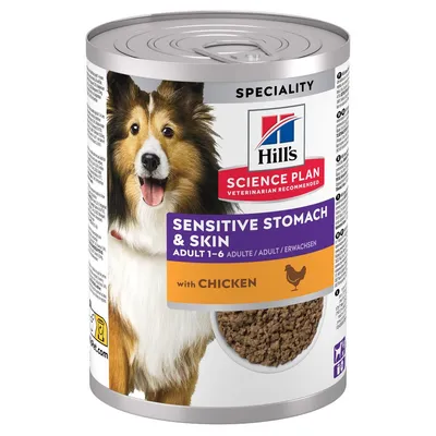 Science Plan Sensitive Stomach & Skin adult 1-6 with chicken, speciality food for sensitive digestion and skin, veterinarian recommended, visible product contents shown.