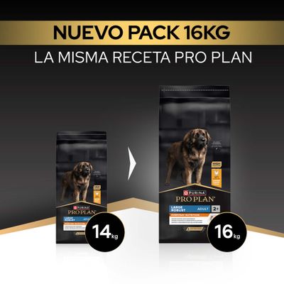 Purina Pro Plan Large Robust Adult ahora en el nuevo paquete de 16,kg, anteriormente 14,kg. La misma receta que antes.