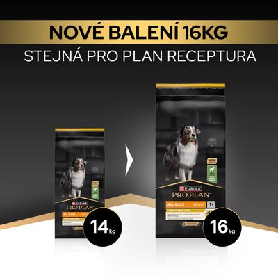 Purina Pro Plan Adult All Sizes Light/Sterilised: nové balení 16 kg, stejná receptura jako dříve, dosud balení 14 kg.