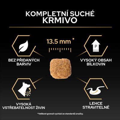 Kompletní granule, velikost krokety 13,5 mm, bez barviv, vysoký obsah bílkovin, vysoká vstřebatelnost živin, lehce stravitelné.
