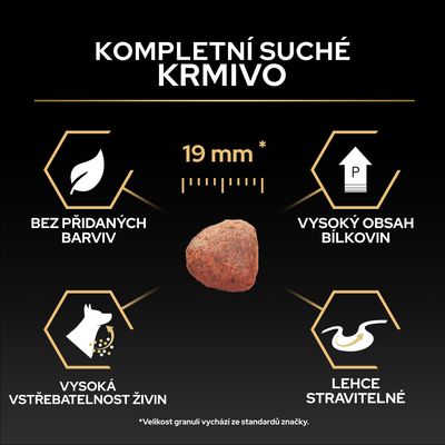 Kompletní suché krmivo, velikost 19 mm, bez barviv, vysoký obsah bílkovin, vysoká vstřebatelnost živin, snadno stravitelné.