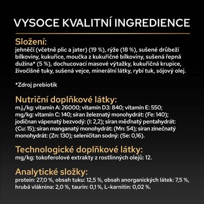 Zloženie: jahňacie, ryža, hydinové bielkoviny, kukurica, repné rezky. Analytické zložky: bielkoviny 27 %, tuk 12,5 %, surová vláknina 2 %, taurín 0,1 %, L-karnitín 0,02 %.