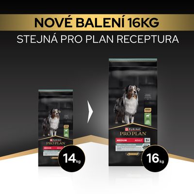 Purina Pro Plan Medium Adult Sensitive Digestion nyní v novém 16,kg sáčku, dříve 14,kg. Receptura zůstává stejná.