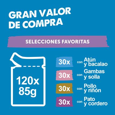 120 bolsitas de 85 g cada una. 30 de atún y bacalao, gambas y platija, pollo y riñón, pato y cordero. Pack surtido.