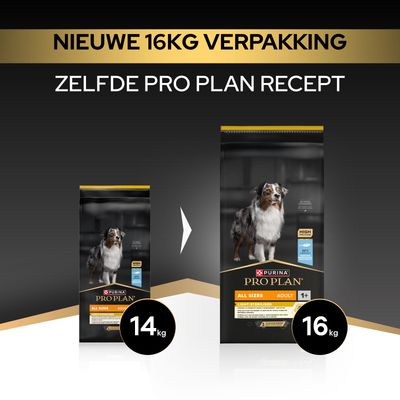 Purina Pro Plan All Sizes Adult Light/Sterilised: nieuwe verpakking van 16,kg, dezelfde receptuur als voorheen, voorheen verpakking van 14,kg.