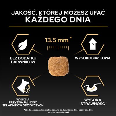 Wielkość krokietów 13,5 mm, bez barwników, wysoki poziom białka, wysoka strawność, wysoka przyswajalność składników odżywczych. Tekst powyżej: Jakość, której możesz ufać każdego dnia.