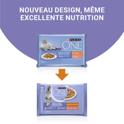 Comparaison de deux emballages Purina ONE Spécial pelage & boules de poils pour chat, texte : Nouveau design, même excellente nutrition. Indique un changement d’emballage.