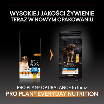 Purina Pro Plan Large Robust Adult – zmiana opakowania; Pro Plan Optibalance to teraz Pro Plan Everyday Nutrition. Widoczne dwa różne opakowania karmy dla dużych psów.