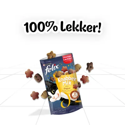 Verpakking Felix Knabber Mix Original kattensnack, zichtbaar: 2 kcal per snack, tekst '100% Lekker!' en 'Unerhört Lecker!'. Stervormige snacks rondom de verpakking.