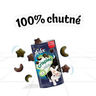Felix Crispies, Purina. 100 % chutné. Unerhört Lecker! Balenie maškŕt pre mačky s obrázkom čierno-bielej mačky a tvarovanými kúskami. Text v nemčine.