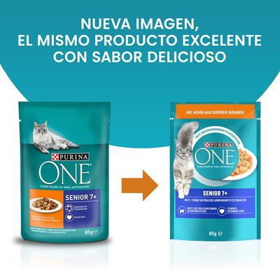 Comparativa de dos envases de Purina ONE Senior 7+ para gatos, 85 g. Texto: 'Nueva imagen, el mismo producto excelente con sabor delicioso'.