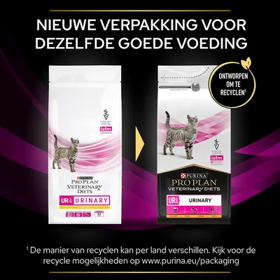 Nieuwe verpakking voor Purina Pro Plan Veterinary Diets UR Urinary kattenvoer, ontworpen om te recyclen. Oude en nieuwe zak met kat en ISFM-logo zichtbaar.
