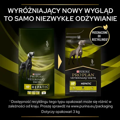 Dwa opakowania Purina Pro Plan Veterinary Diets HP Hepatic dla psów, informacja o nowym wyglądzie i przeznaczeniu do recyklingu. Dotyczy opakowań 3 kg.