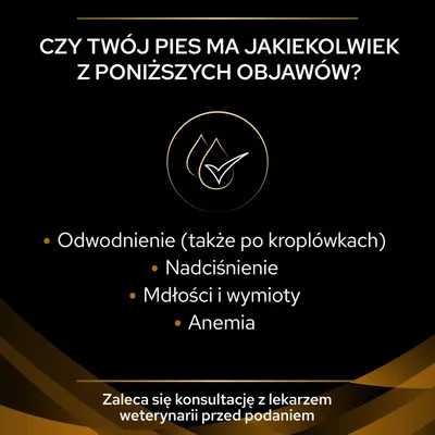 Czy twój pies ma objawy: odwodnienie (także po kroplówkach), nadciśnienie, mdłości i wymioty, anemia. Zaleca się konsultację z lekarzem weterynarii przed podaniem.