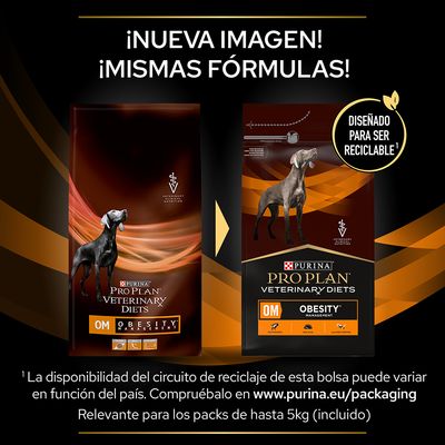 Cambio de imagen en el envase de Purina Pro Plan Veterinary Diets OM Obesity Management para perros. Texto: '¡Nueva imagen! ¡Mismas fórmulas!' y 'Diseñado para ser reciclable'.