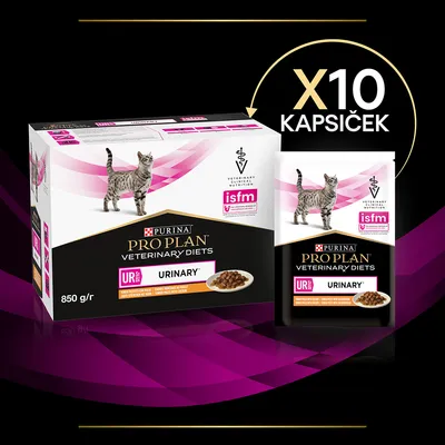 PURINA PRO PLAN VETERINARY DIETS URINARY, 10 kapsičiek, 850 g/r. ISFM logo a obrázok mačky na balení.