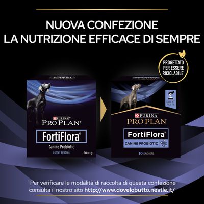 Nuova confezione Purina Pro Plan FortiFlora Canine Probiotic, 30 bustine. Testo: 'Progettato per essere riciclabile!'. Consultare www.dovelobutto.nestle.it per info raccolta.