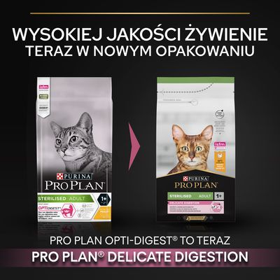 Zmiana opakowania karmy Purina Pro Plan dla kotów: z Opti-Digest na Delicate Digestion, Sterilised Adult 1+, widoczne dwa różne opakowania i informacja o nowej nazwie produktu.