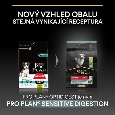 Porovnanie starého a nového balenia Purina Pro Plan Medium Puppy Sensitive Digestion. Text v češtine: Nový vzhled obalu, stejná vynikající receptura.